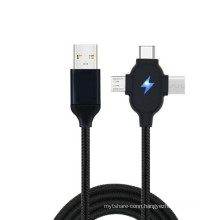 Micro USB Type C Manufacturer Fast Charging Multi Function Colorful Nylon Braid LED Light USB Cable 3in1 charging cable